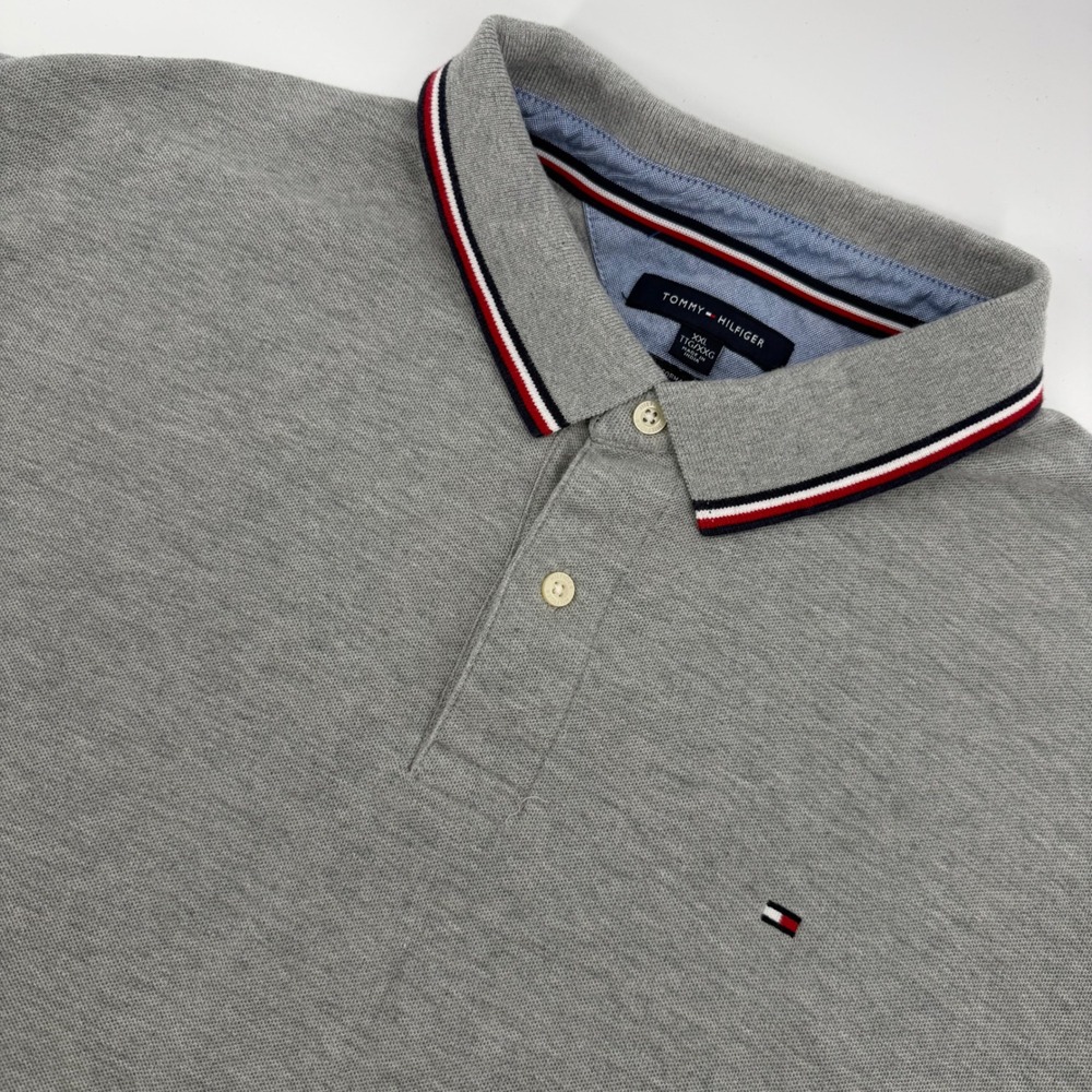 Tommy Hilfiger Polo Shirt Mens XXL Gray Performance Pique Striped Trim Logo